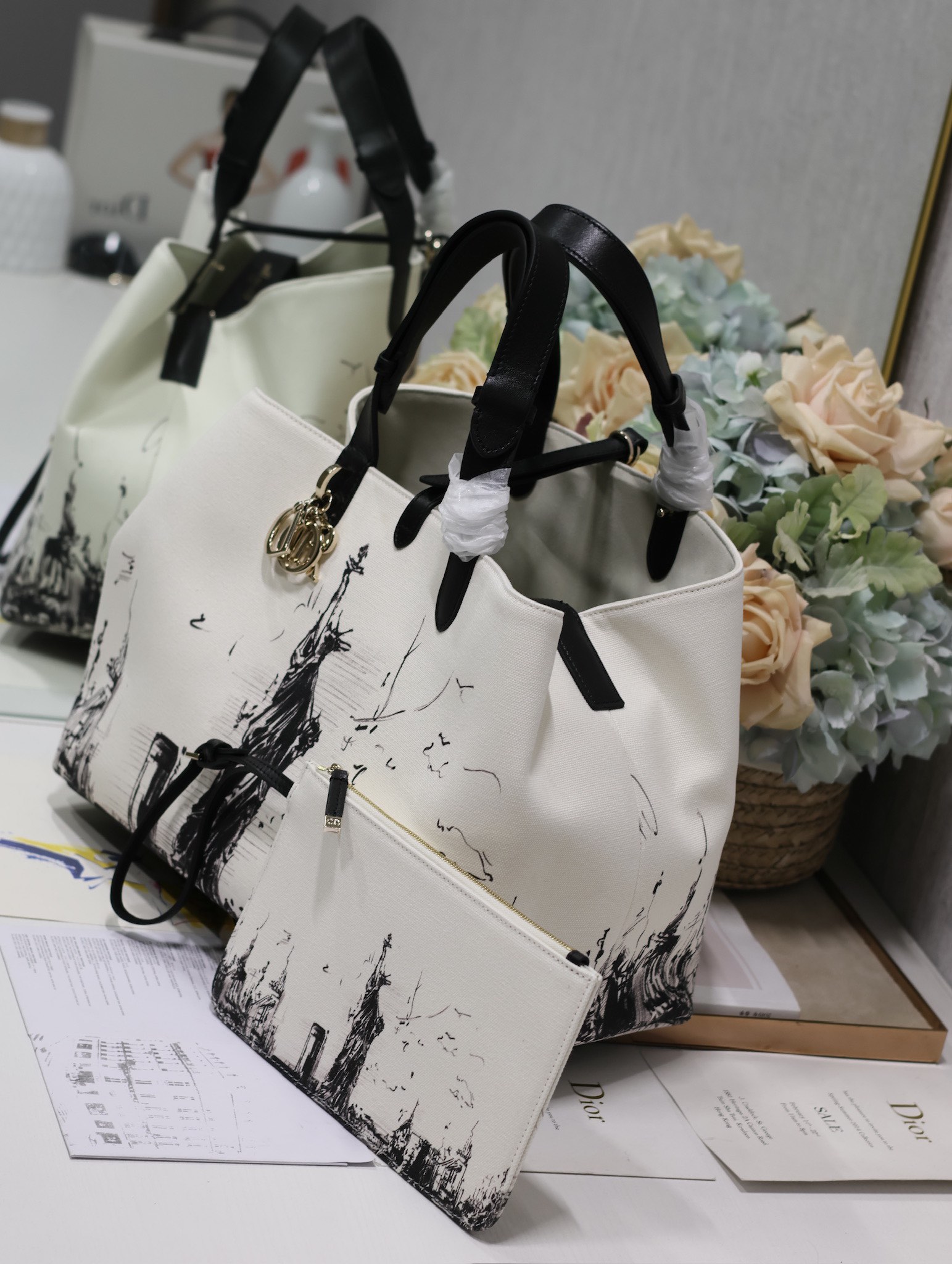 Large Dior Toujours Bag Latte and Black Canvas with New York Print